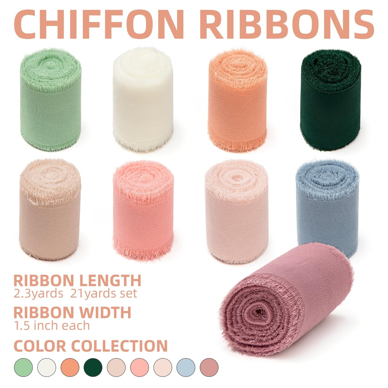 9 Rolls Multicolor Handmade Chiffon Ribbon,1.5" x 21Yd Frayed Fringe Silk Ribbons (9 Rolls *2.3Yd) for Gifts Wrapping, Wedding Invitations, Bridal Bouquets, Decorations